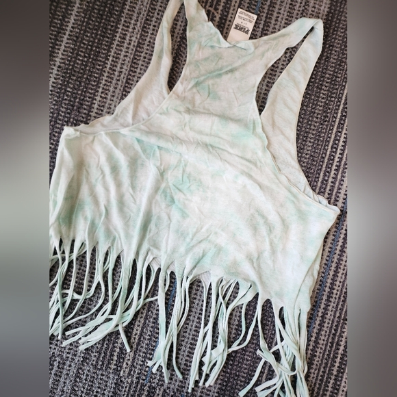 PINK Fringed Tank Top Semi Sheer Tie Dye Turquoise and White - Picture 4 of 5